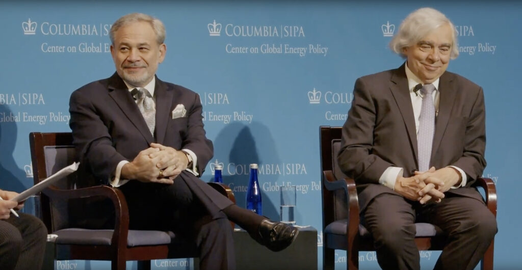 Dan Brouillette (left) was President Trump's energy secretary from 2019-2021. Ernest Moniz served under President Obama from 2013-2017. The two men shared a stage Oct. 12, 2022 at Columbia University's Global Energy Summit.COLUMBIA UNIVERSITY | SIPA